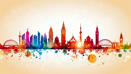 Abstract city skyline background with iconic landmarks and buildings.