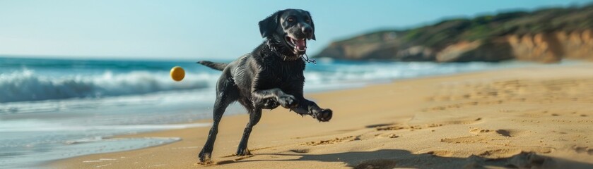 Black dog playing fetch on a sunny beach, capturing fun and active lifestyle, great for outdoor pet gear promotions