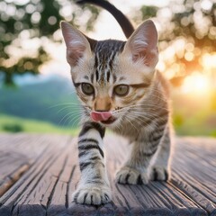 a striped tabby kitten strolling across a wooden board, captured in a candid moment as it pauses to lick its nose with a playful tilt of its head. The kitten's endearing features and mischievous demea