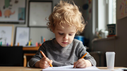 little child using tablet computer write on book drawing 