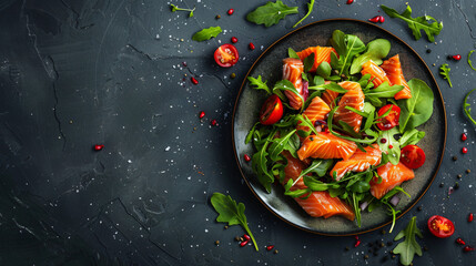 Plate with tasty salmon salad on dark background