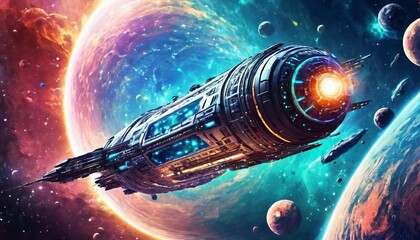 Naklejka premium Abstract interstellar voyage background with futuristic spacecraft and cosmic landscapes. 
