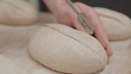 Slow motion video of scoring bread before fermentation with a baker knife