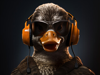 A duck wearing headphones and sunglasses