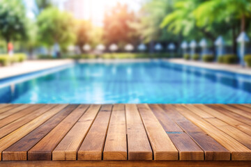 Wooden top with blurred empty Swimming pool background can be used for mocking up or display product to make advertising.