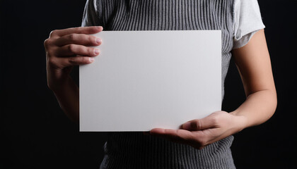 Closeup of hands holding a white blank cardboard, mockup