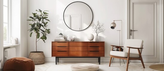 Template showing the interior design of a traditional living room with a modern dresser, circular mirror, decor, furnishings, and personal items against a white wall.
