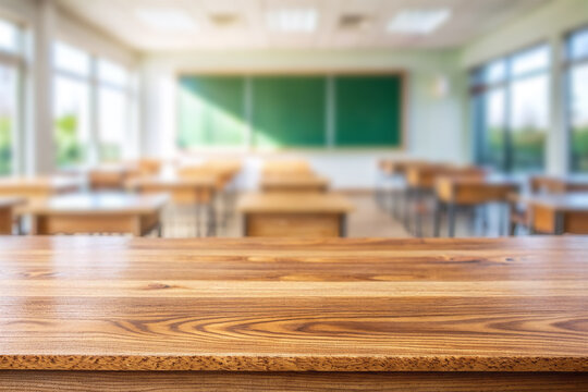 Wooden top with blurred empty classroom background can be used for mocking up or display product to make advertising. 