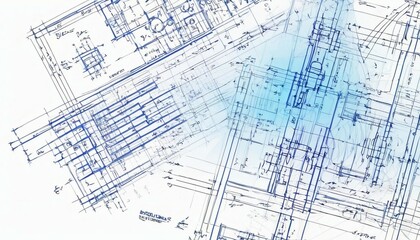 Abstract architectural blueprint background with technical drawings and measurements.