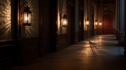 Illuminated corridor in an old building. 3D rendering.
