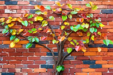 a tree with autumn leaves on a brick wall.