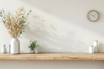 Minimal cozy counter mockup design for product presentation background or branding in Japan style with bright wood counter and warm white wall include vase plant and clock - generative ai