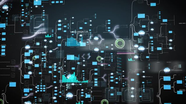 Network grid of files and folders with futuristic software interface digital document management system, store, cloud computing, animation on black background