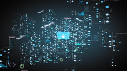 Data spreads from security folder with password lock, global computing network, ai tools animation on black - Powered by Adobe