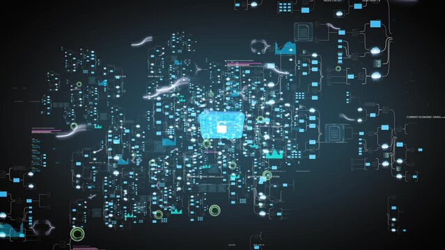 Data spreads from security folder with password lock, global computing network, ai tools animation on black