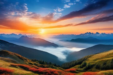 Obraz premium Mountain landscape at sunset, Generative AI