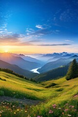 Obraz premium Mountain landscape at sunset, Generative AI