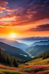 Fototapeta premium Mountain landscape at sunset, Generative AI