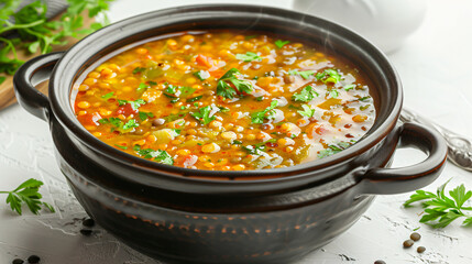 Pot of tasty lentil soup on white background