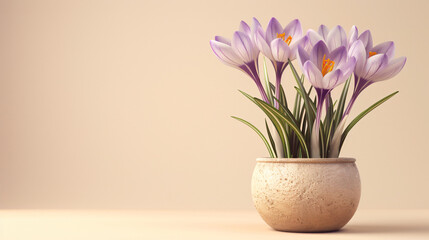 Pot with beautiful crocus flowers on beige background
