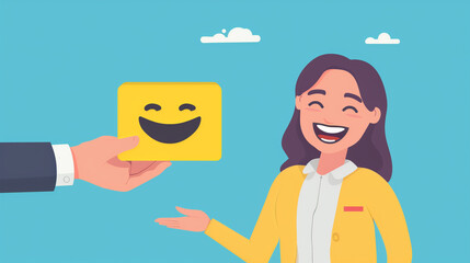 Illustration of a woman receiving a yellow smiley face card, bright blue background, Concept of customer satisfaction, positive feedback, and joyful business interactions.