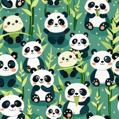 Seamless pattern of cuddly ghost pandas munching on bamboo, Generative AI