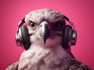 A bird with headphones on its head