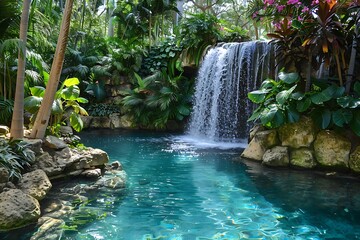A cascading waterfall plunges into a crystal-clear pool nestled amidst lush greenery.