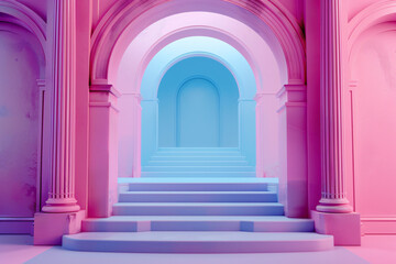 a pink and blue stairway leading to a pink archway