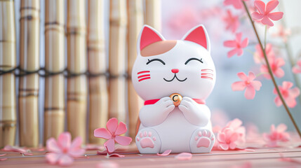 Illustration of a lucky cat surrounded by falling cherry blossoms, set against a bamboo backdrop, epitomizing the concept of Asian cultural symbolism and luck.