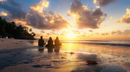 A tranquil beach setting with Muslims praying towards the ocean during sunset.  - Powered by Adobe