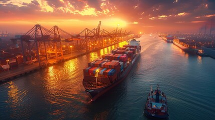 Fototapeta premium Logistics and Transportation Network: Cargo Ship, Plane, Crane Bridge Operations
