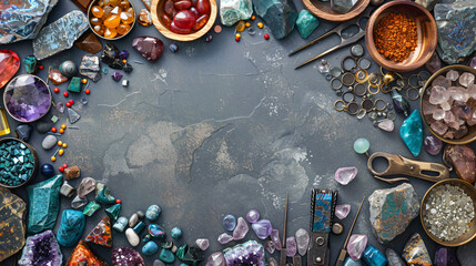 Precious stones and jewelers tools on grey background