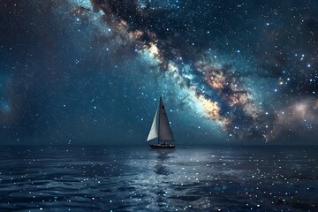 A celestial navigation scene a lone sailboat traverses a calm ocean beneath a blanket of stars,...