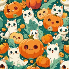 Seamless pattern of cute ghost kittens peeking out of pumpkin patches, Generative AI