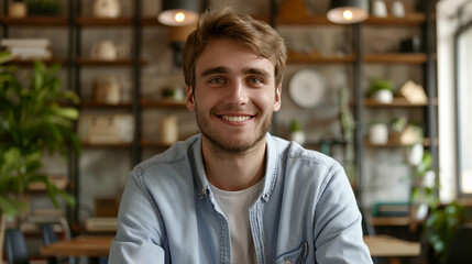 Headshot portrait of smiling millennial male employee talk on video call or web conference in coworking office, profile picture of happy Caucasian young man worker posing in shared workplace - Powered by Adobe
