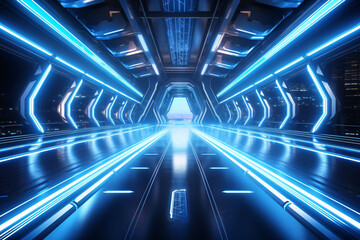 Dark tunnel with glowing lighting, abstract technology speed concept 3D rendering