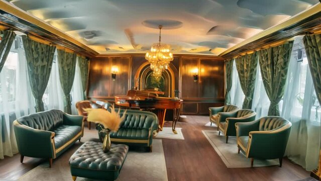 Ornate interior of a high-end restaurant featuring arched windows, wood paneling, intricate ceiling design with chandelier lighting. 