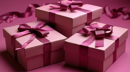 Valentine&#039;s Day background with realistic festive gift boxes. Romantic presents. Pink boxes with red ribbon, a gift surprise.
