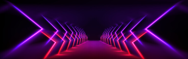 Hallway room interior with neon arrow light on walls and reflections on floor. Realistic 3d background with path and luminous lamps. Abstract futuristic bg with perspective electric glow tunnel.