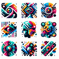 A set of nine abstract geometric shapes, futuristic art style, vector illustration