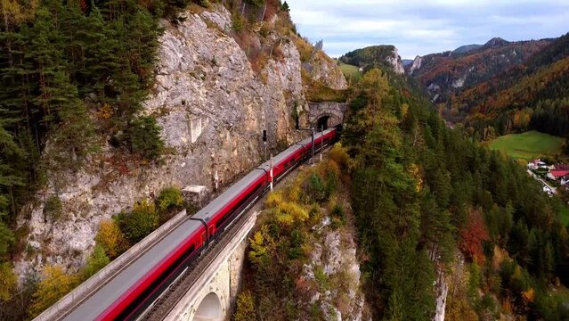 viaduct in Austria, Semmering railway train passing