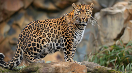 A striking full-body view of a leopard in its natural habitat, set against a clear nature background, offering a clear and detailed perspective of the magnificent animal.