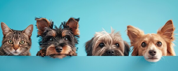 The picture of front view and close up of the multiple group of the various cat and dog in front of the bright blue background that look back to the camera with the curious and interest face. AIGX03.