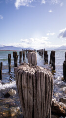 Sunny day at Braun and Blanchard Dock in Puerto Natales, Patagonia, Magallanes Region, Chile