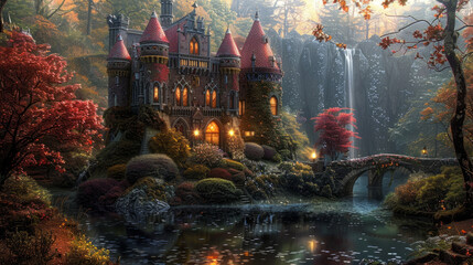 A colorful fairy tale castle nestled in a magical forest, evoking wonder and enchantment.