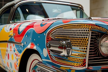 A classic car with a pop art makeover and bold patterns