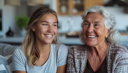 Happy adult daughter and older mother speaking sign language