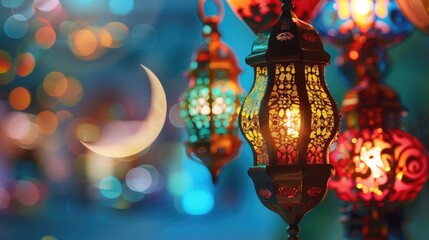 A background of colorful Eid Al Adha lanterns with a crescent moon and copyspace.  - Powered by Adobe