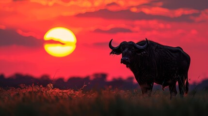 A large black ox is standing in a field of tall grass